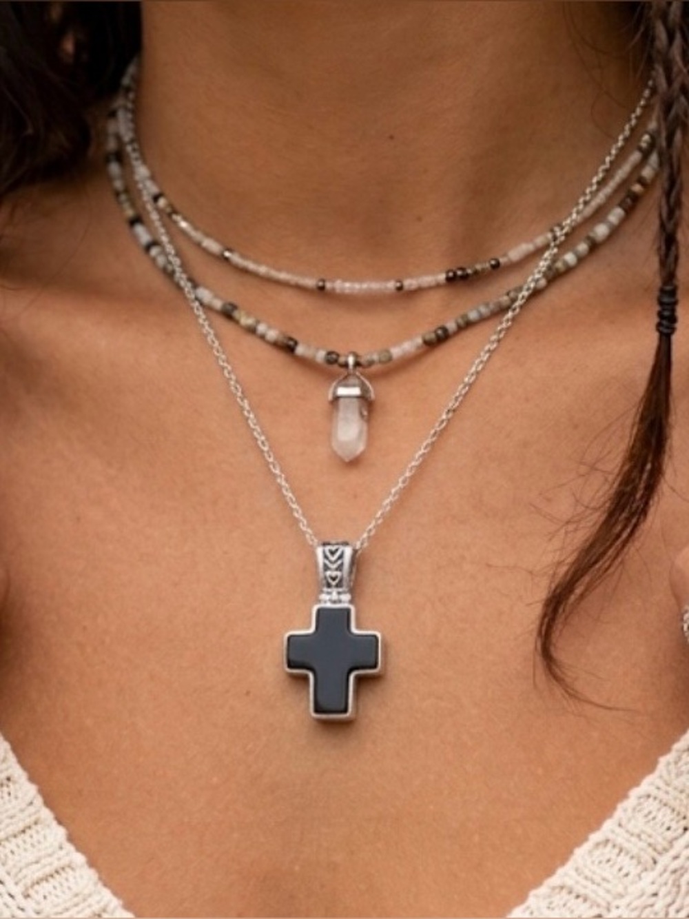 Vintage 925 Sterling Silver Black Onyx Reversible Heart Filigree Cross Necklace